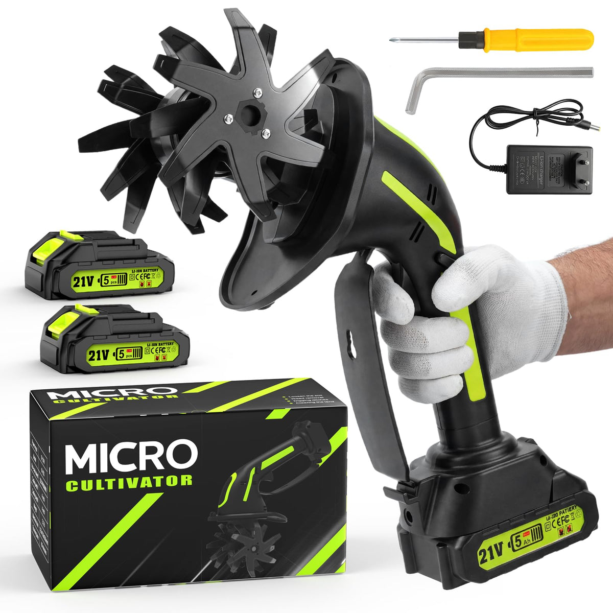 GARDTECH 21V cordless garden tiller with two batteries