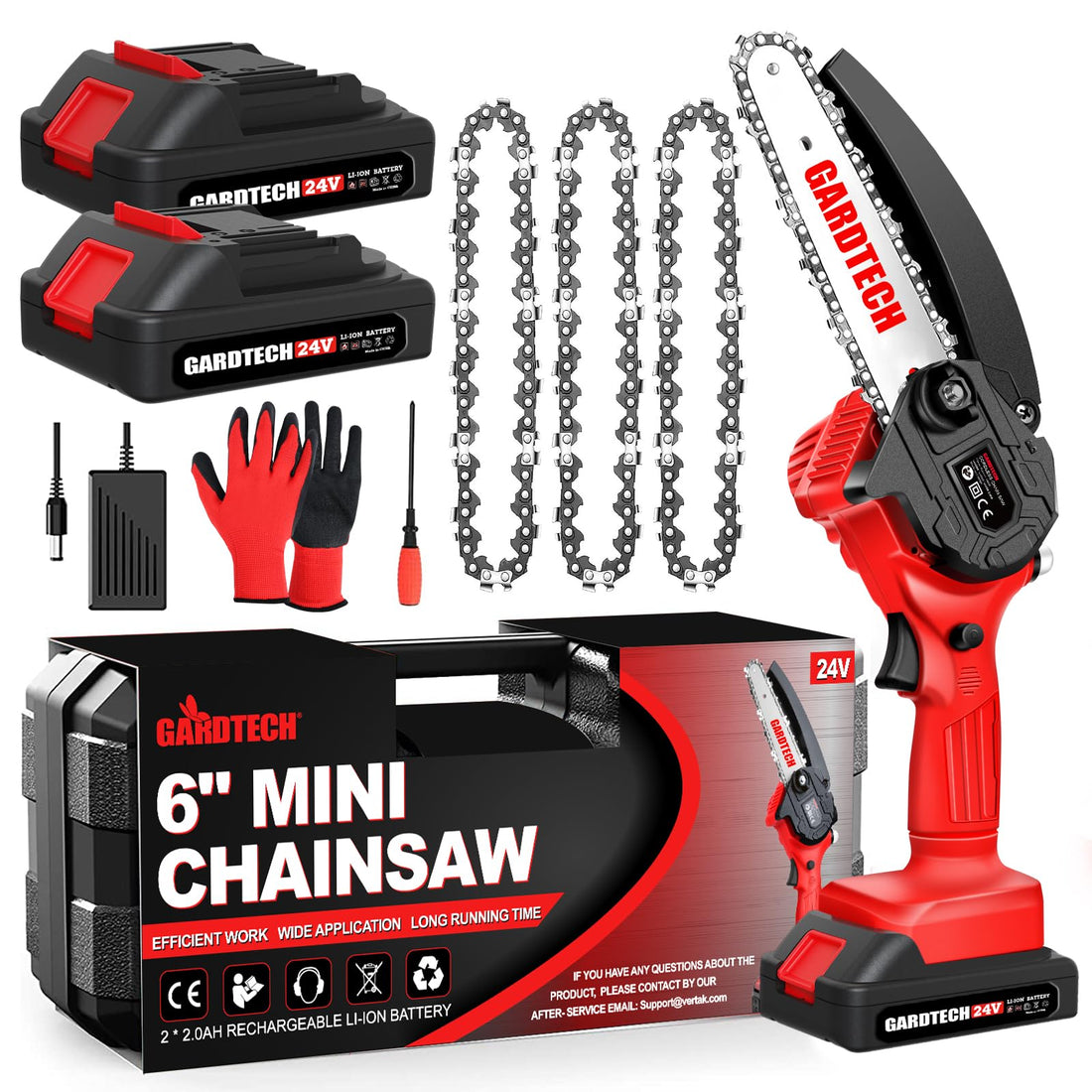 GARDTECH 6 inch cordless mini chainsaw 24V with 4 chains carry case and work gloves