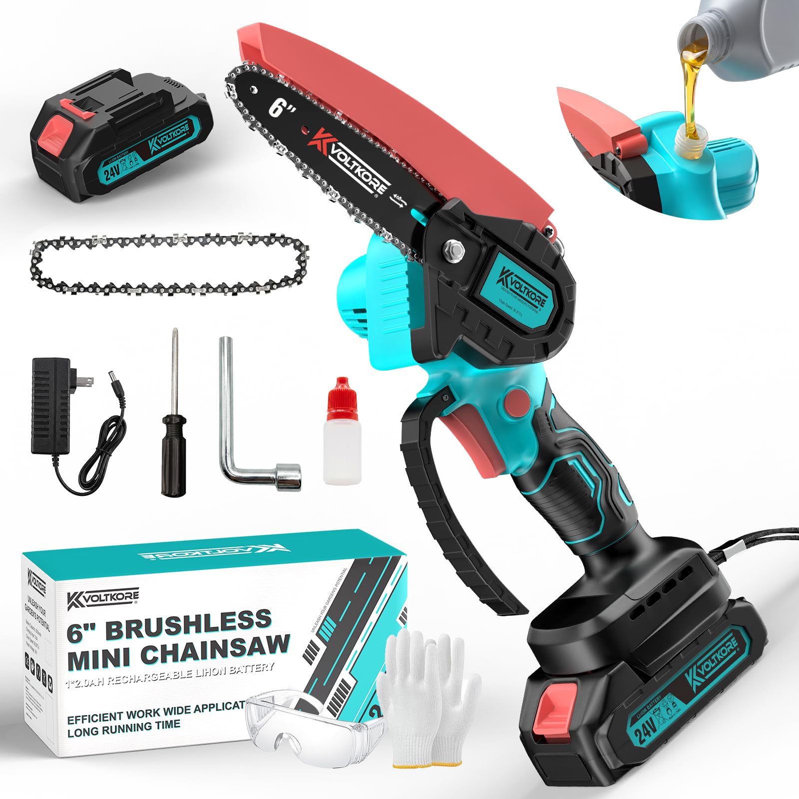 GARDTECH 6-Inch Brushless Cordless Mini Chainsaw | 24V Battery Powered Hand Saw with Auto Oiler