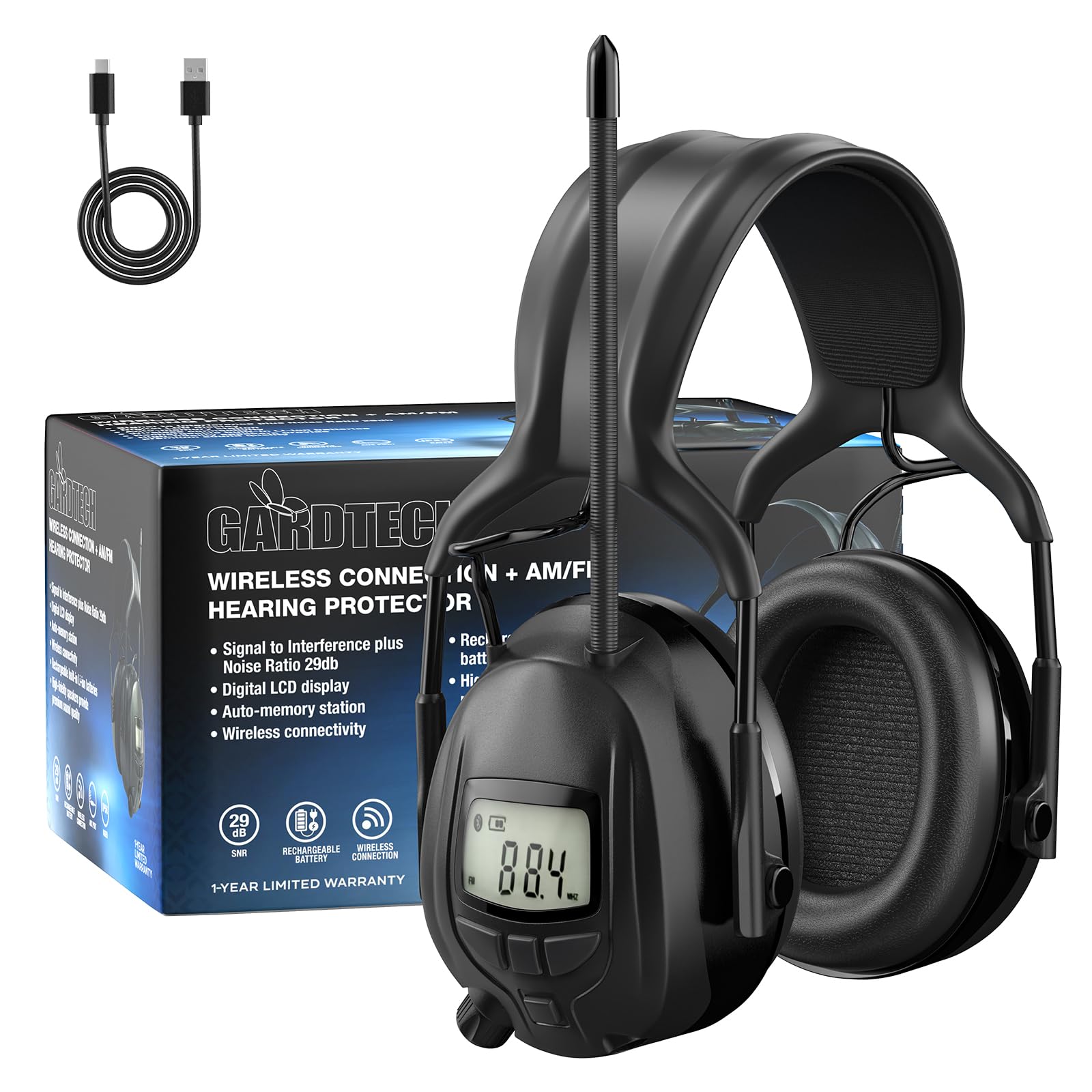 GARDTECH Bluetooth Hearing Protection Earmuffs | SNR 29dB, AM/FM Radio, 40-Hr Battery, Fits Over Glasses