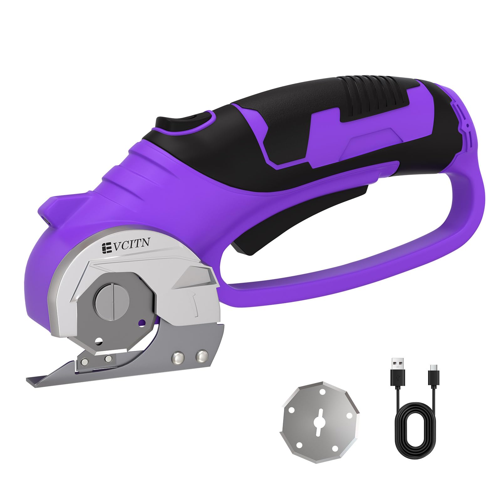 GARDTECH Cordless Electric Scissors 4V Rechargeable, Self-Sharpening Rotary Cutter with LED for Fabric, Carpet & Cardboard (Purple)