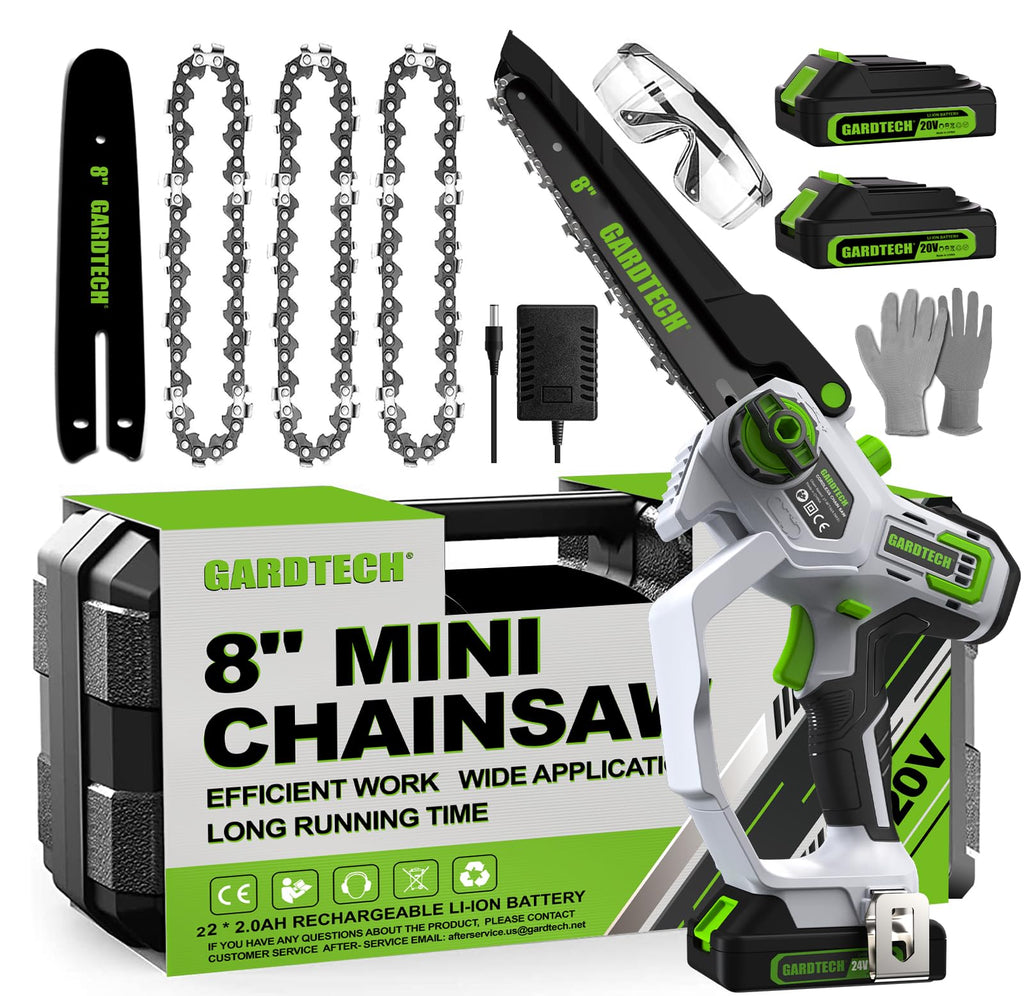 GARDTECH 8-Inch Mini Chainsaw Cordless, Portable Battery Powered Handheld Chain Saw with Dual Safety Lock for Wood Cutting & Pruning