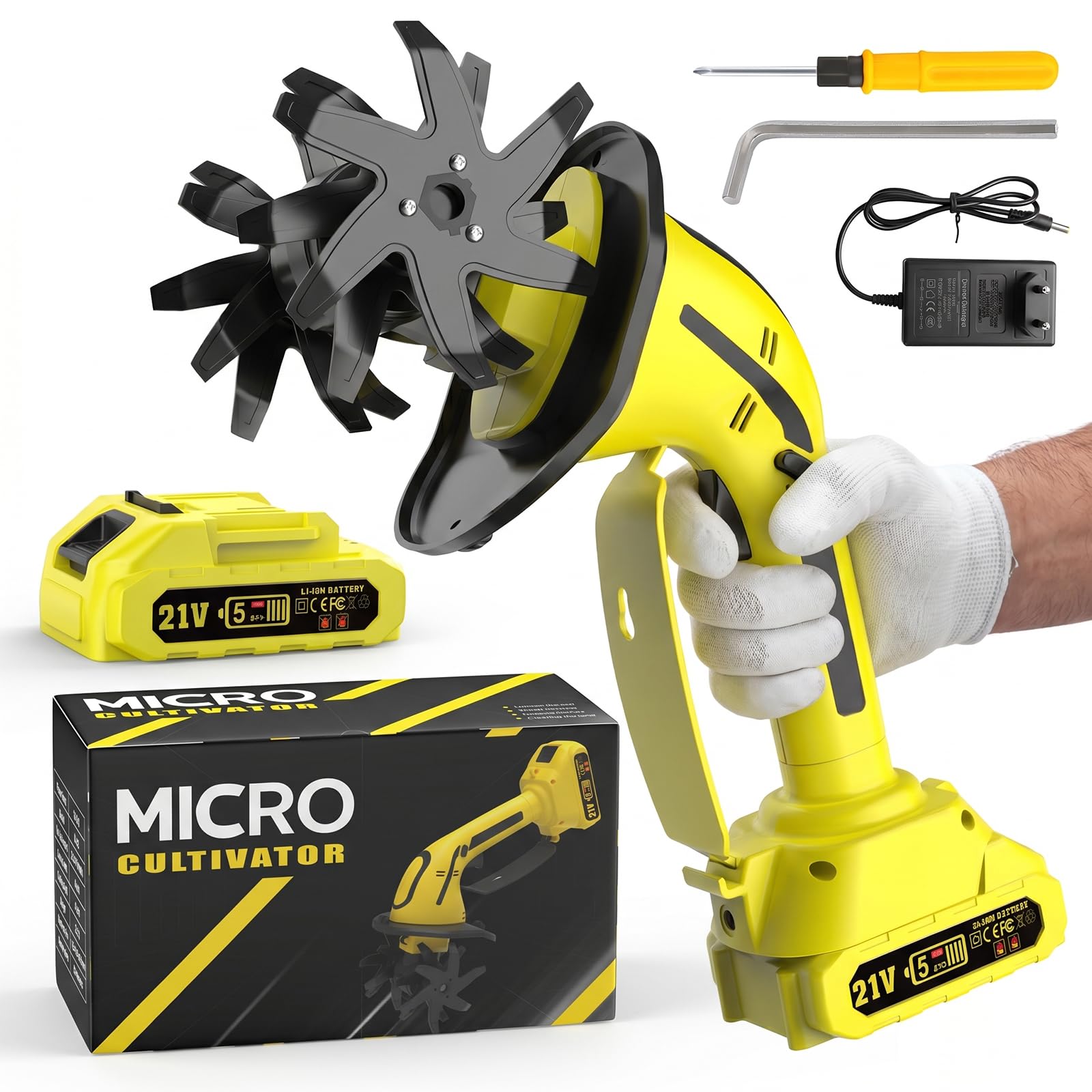 GARDTECH 21V Cordless Tiller Cultivator | 235RPM Electric Hand Tiller with 2.0Ah Battery