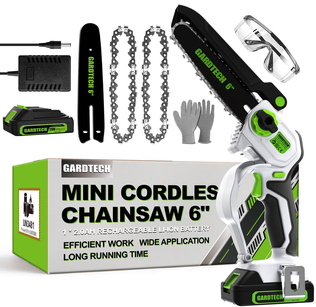 GARDTECH 6" Mini Cordless Chainsaw – Handheld Electric Saw with Dual Safety Lock, Left-Hand Friendly, Wood Cutting & Branch Pruning