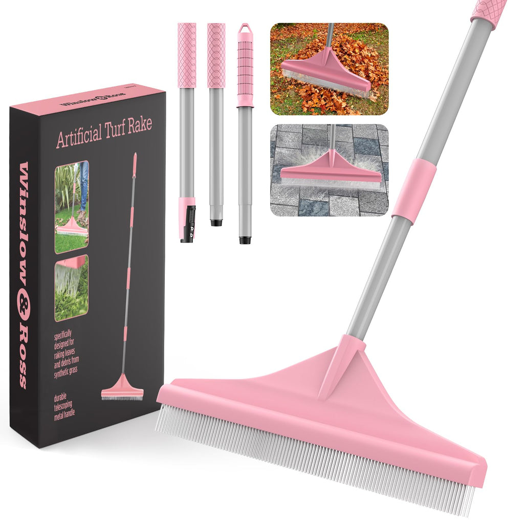 GARDTECH Artificial Turf Rake with Telescopic Steel Handle – 32-55 Inch Hand Rake for Artificial Grass, Carpet, Pet Hair & Leaves, 3-Piece Easy Storage, Pink