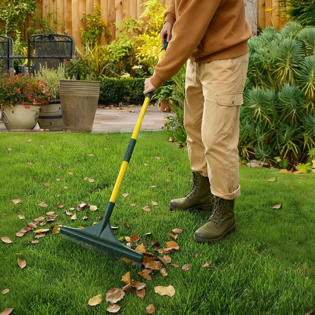 GARDTECH Artificial Grass Rake with Telescopic Steel Handle – 32-55 Inch Hand Rake for Lawn, Carpet, Pet Hair, Leaves & Debris, 3-Piece Easy Storage, Yellow