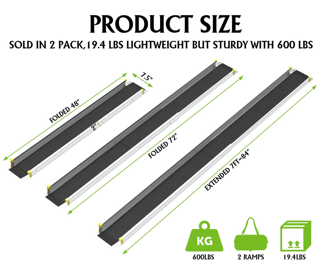 2.1m Adjustable Aluminum Wheelchair Ramp, 272kg Capacity Portable Telescopic Non-Slip Ramp for Home, Stairs & Steps