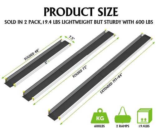 2.1m Adjustable Aluminum Wheelchair Ramp, 272kg Capacity Portable Telescopic Non-Slip Ramp for Home, Stairs & Steps