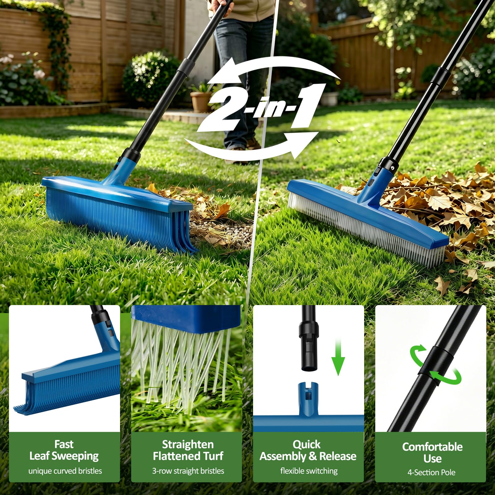 GARDTECH 2-in-1 Artificial Turf Rake & Broom | 3-Row + 4-Row Heads, Quick-Change, 56" Steel Handle