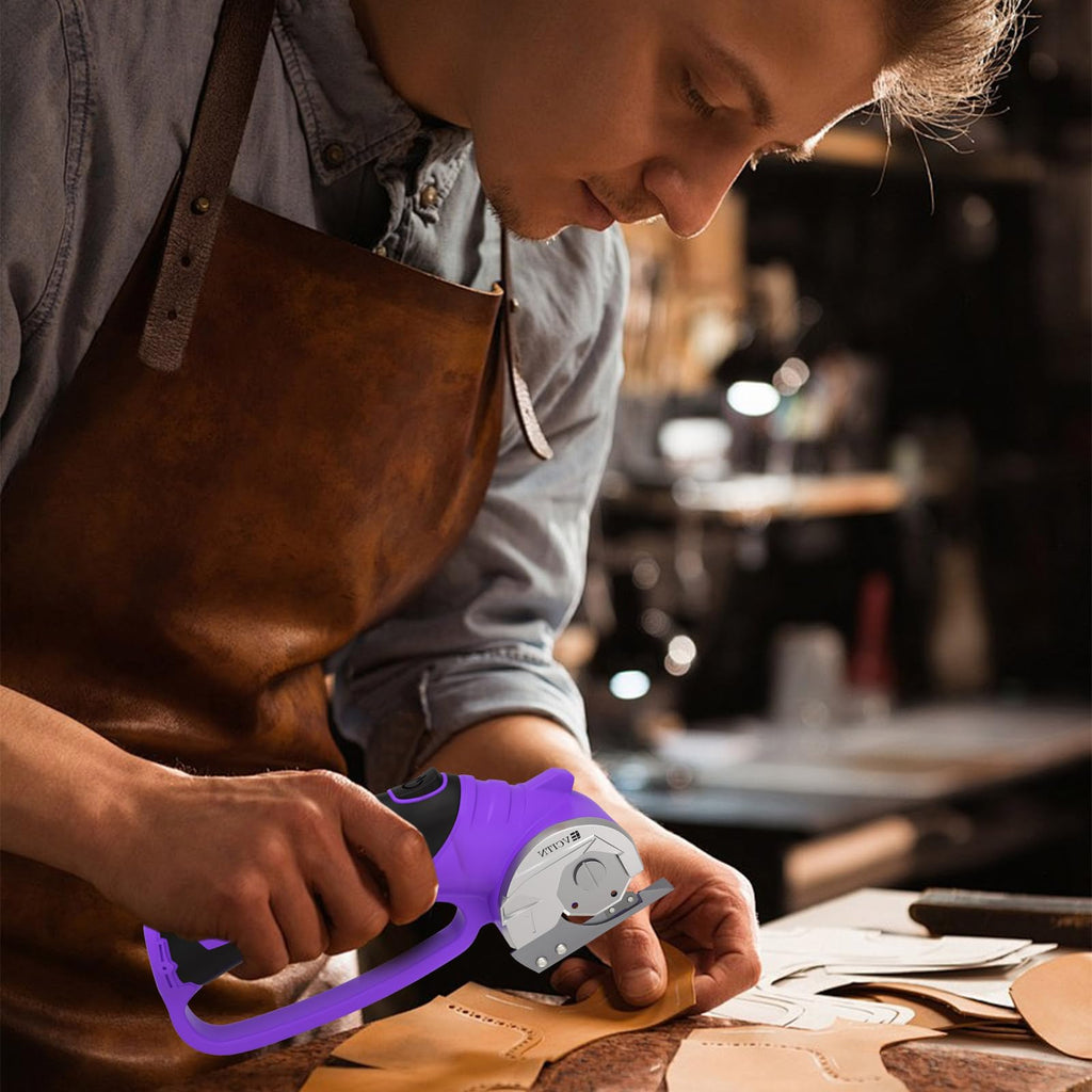 GARDTECH Cordless Electric Scissors 4V Rechargeable, Self-Sharpening Rotary Cutter with LED for Fabric, Carpet & Cardboard (Purple)