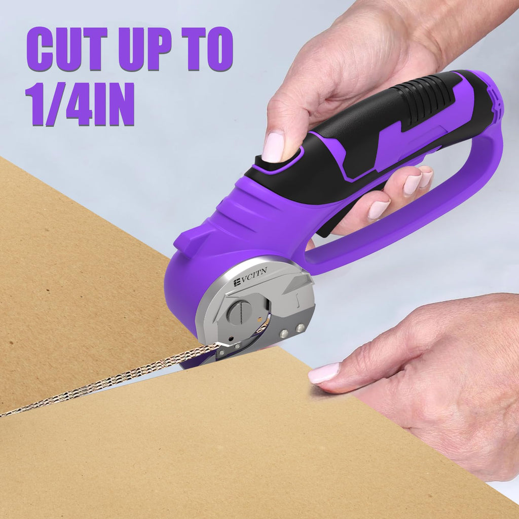 GARDTECH Cordless Electric Scissors 4V Rechargeable, Self-Sharpening Rotary Cutter with LED for Fabric, Carpet & Cardboard (Purple)