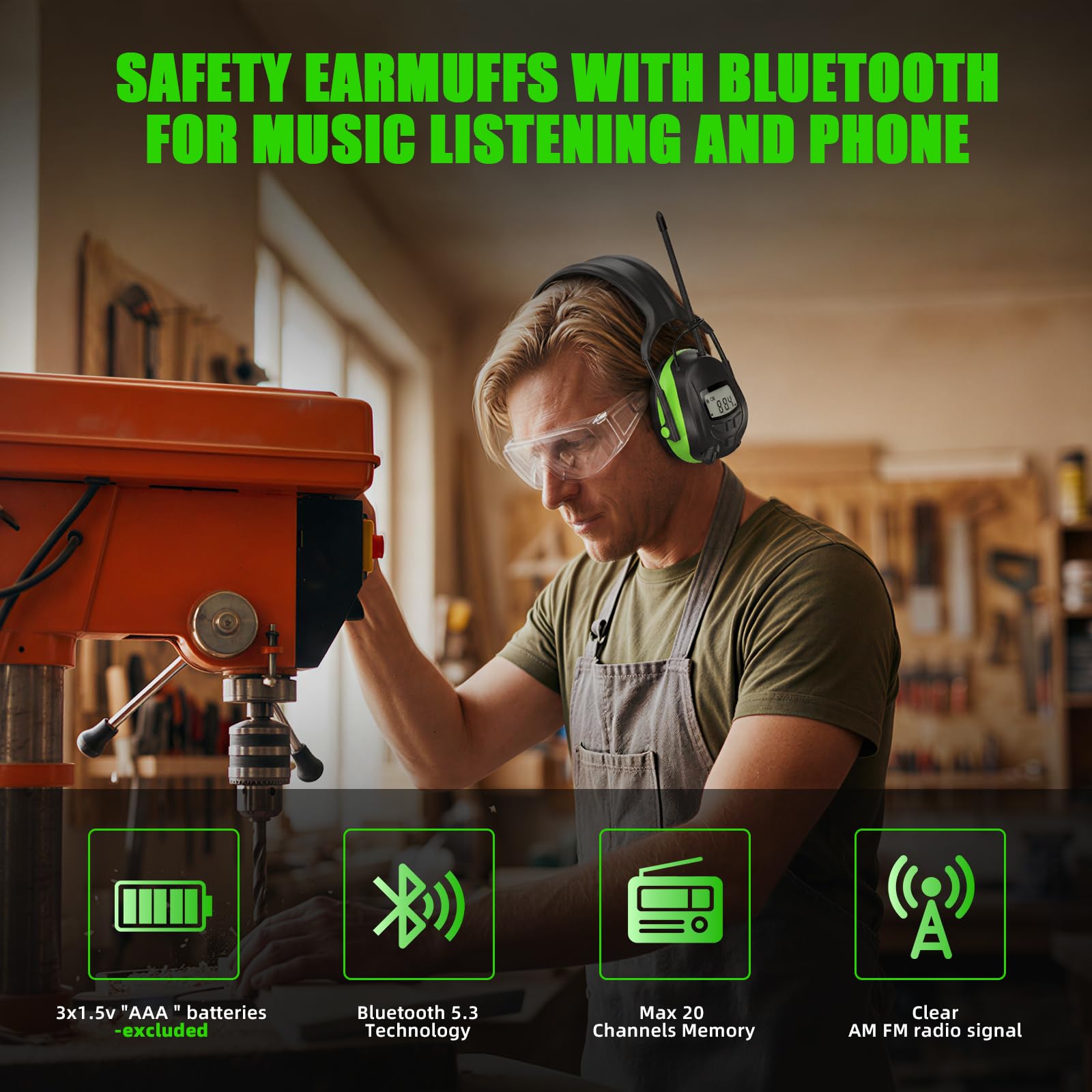 GARDTECH Bluetooth Hearing Protection Earmuffs | SNR 29dB, AM/FM Radio, 40-Hour Battery