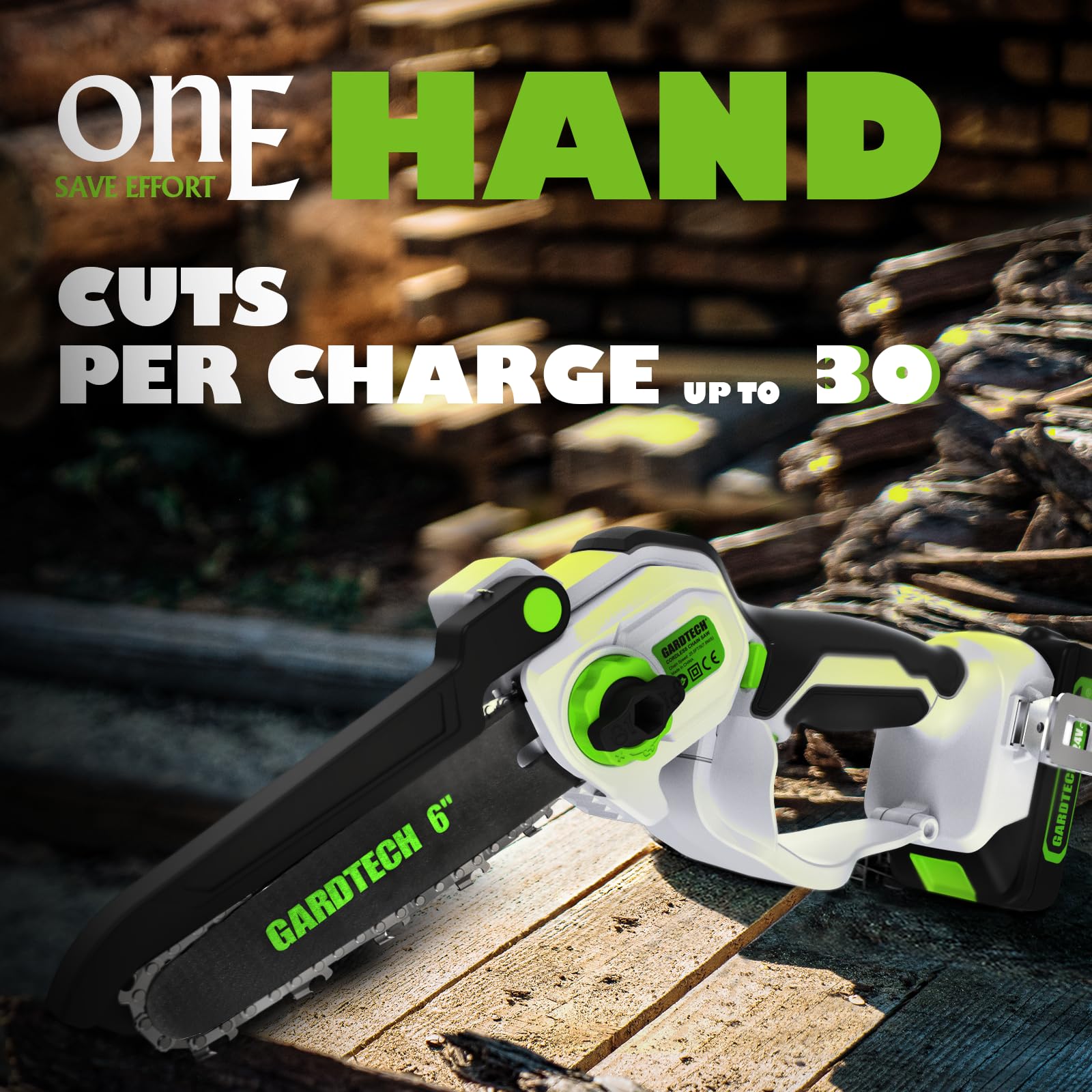 GARDTECH 6" Mini Cordless Chainsaw – Handheld Electric Saw with Dual Safety Lock, Left-Hand Friendly, Wood Cutting & Branch Pruning