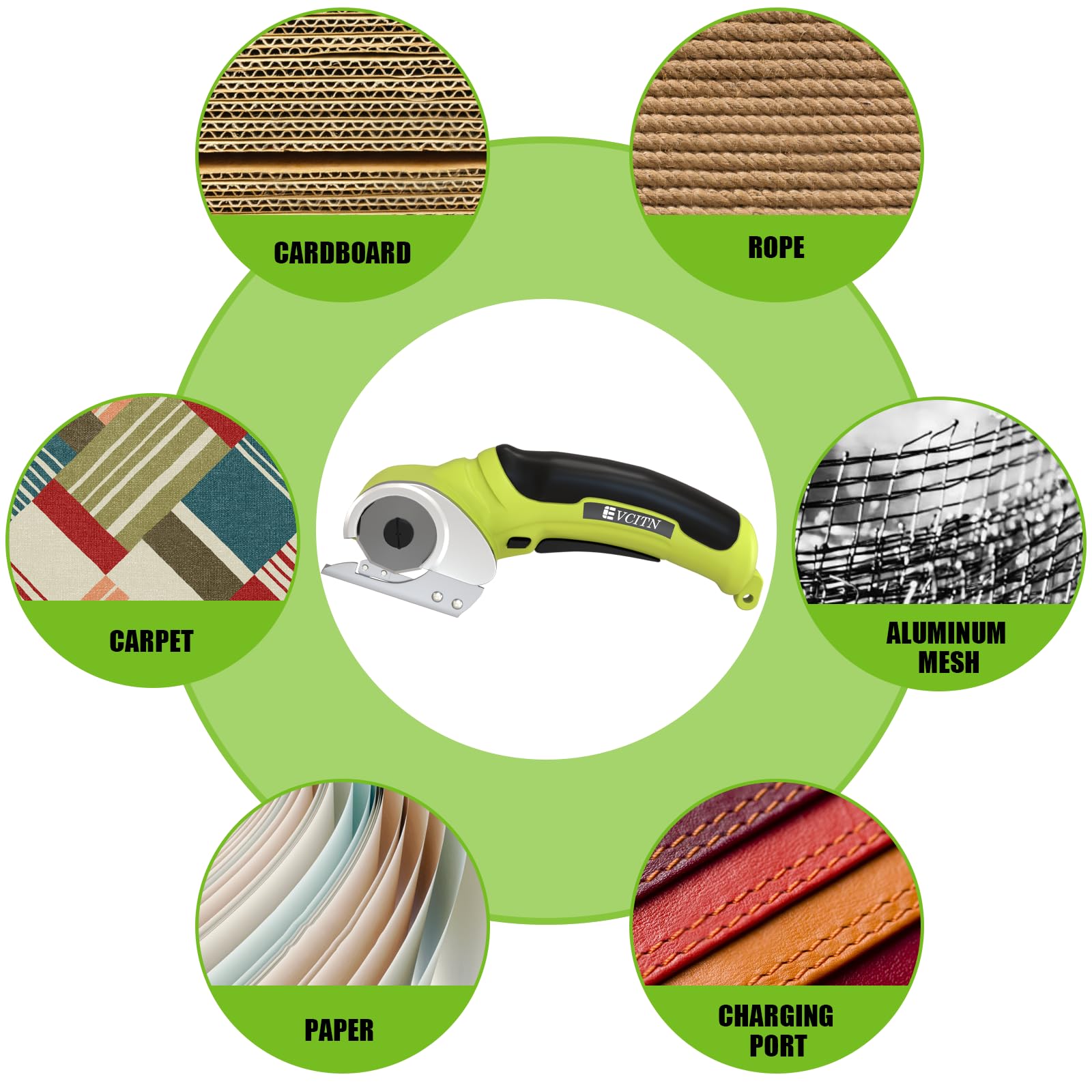 Evcitn Cordless Electric Scissors, Rechargeable Self-Sharpening Rotary Cutter for Cardboard, Fabric, Carpet, Leather & Plastic (Green)