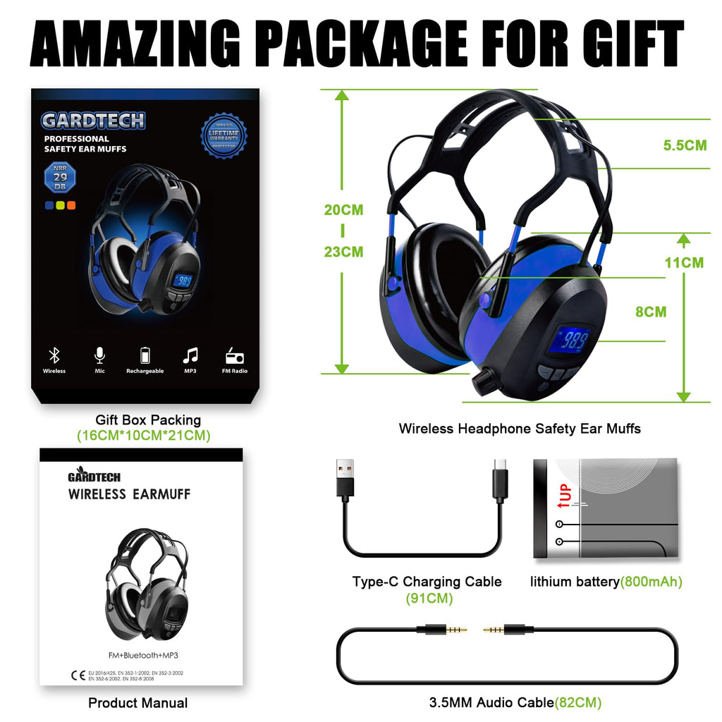 GARDTECH Hearing Protection with Bluetooth, FM Radio Earmuffs, NRR 29dB Hearing Protection Headphones