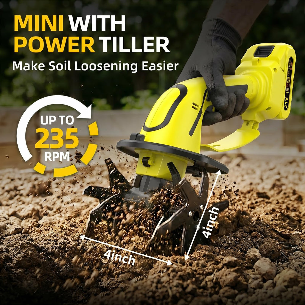 GARDTECH 21V Cordless Tiller Cultivator | 235RPM Electric Hand Tiller with 2.0Ah Battery