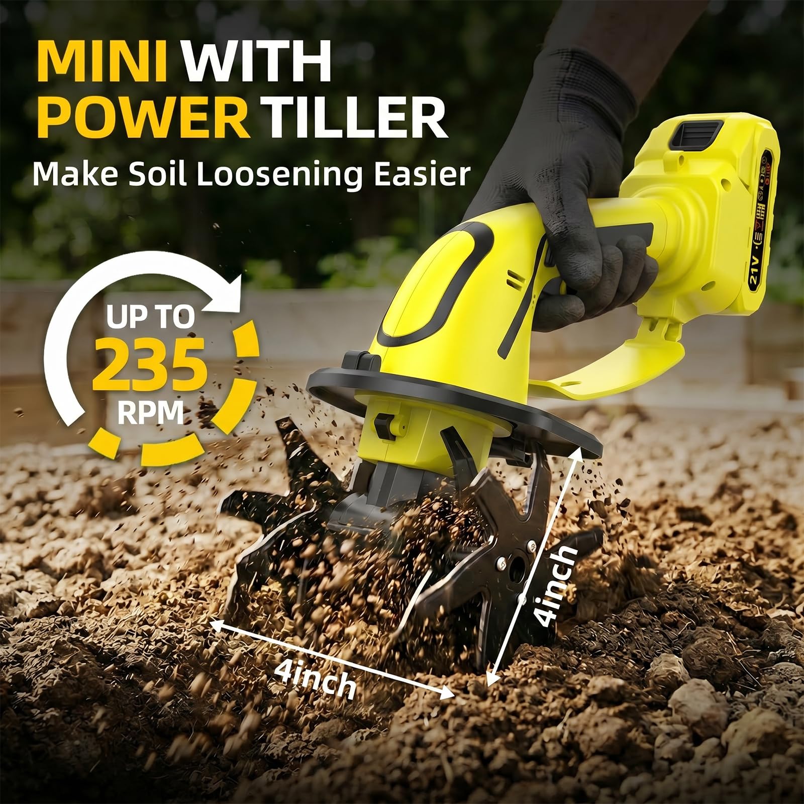 GARDTECH 21V Cordless Tiller Cultivator | 235RPM Electric Hand Tiller with 2.0Ah Battery