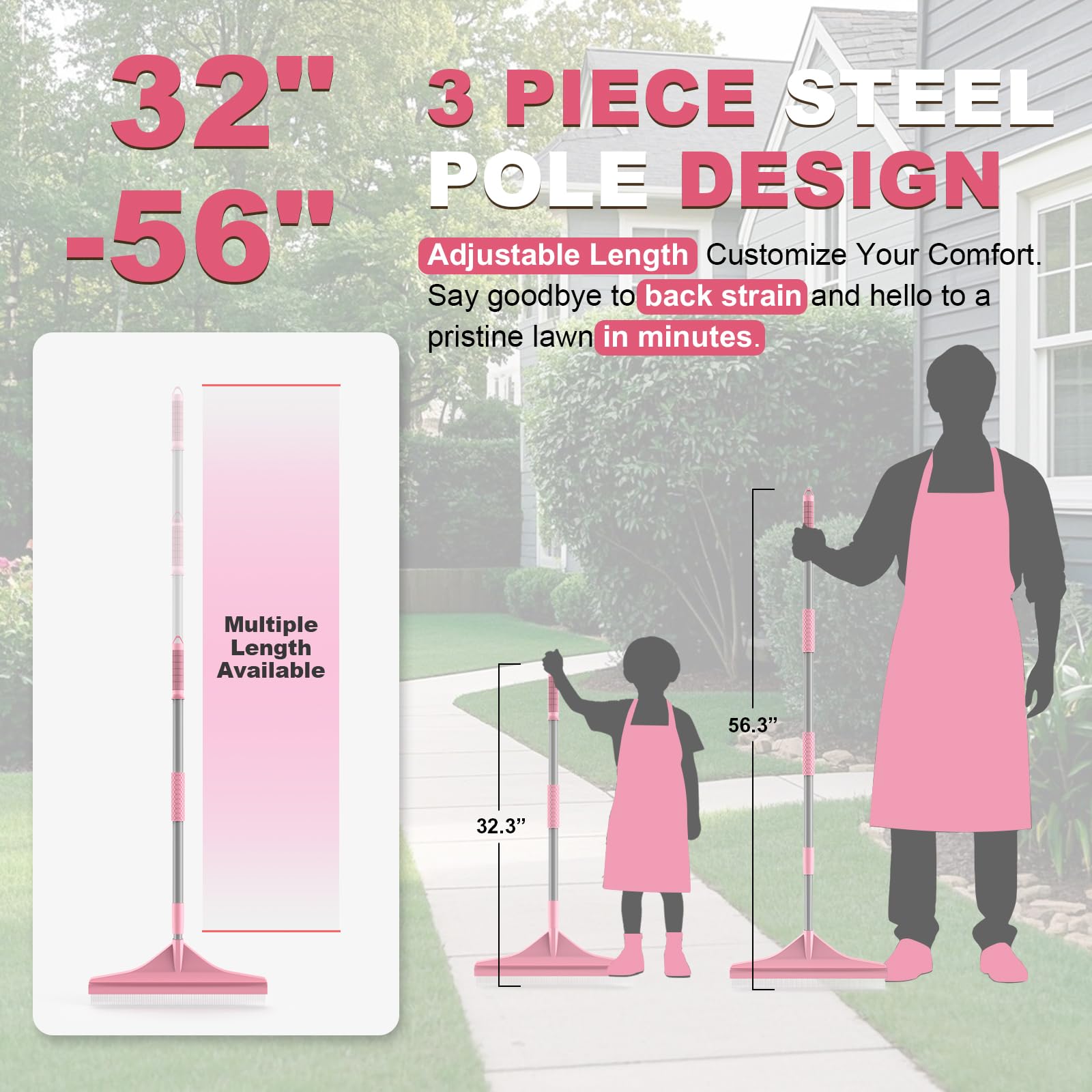 GARDTECH Artificial Turf Rake with Telescopic Steel Handle – 32-55 Inch Hand Rake for Artificial Grass, Carpet, Pet Hair & Leaves, 3-Piece Easy Storage, Pink