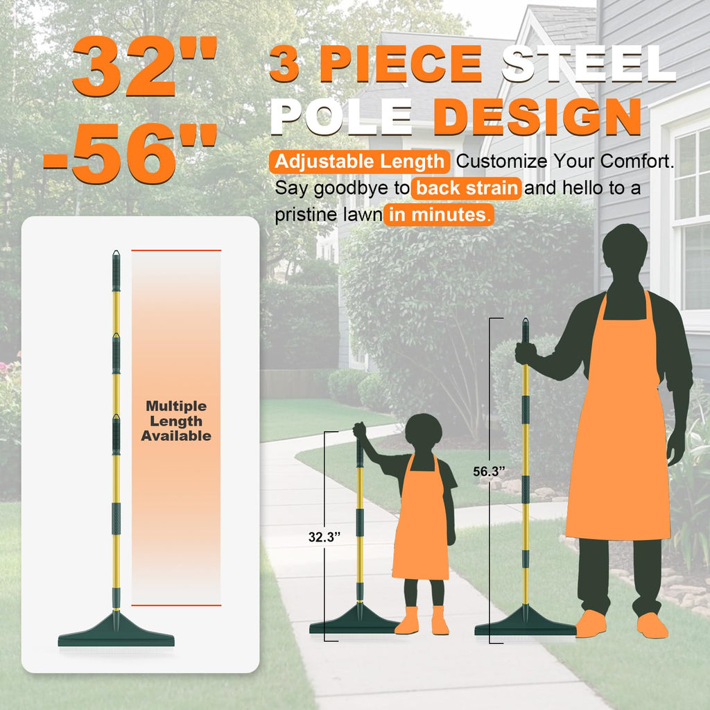 GARDTECH Artificial Grass Rake with Telescopic Steel Handle – 32-55 Inch Hand Rake for Lawn, Carpet, Pet Hair, Leaves & Debris, 3-Piece Easy Storage, Yellow