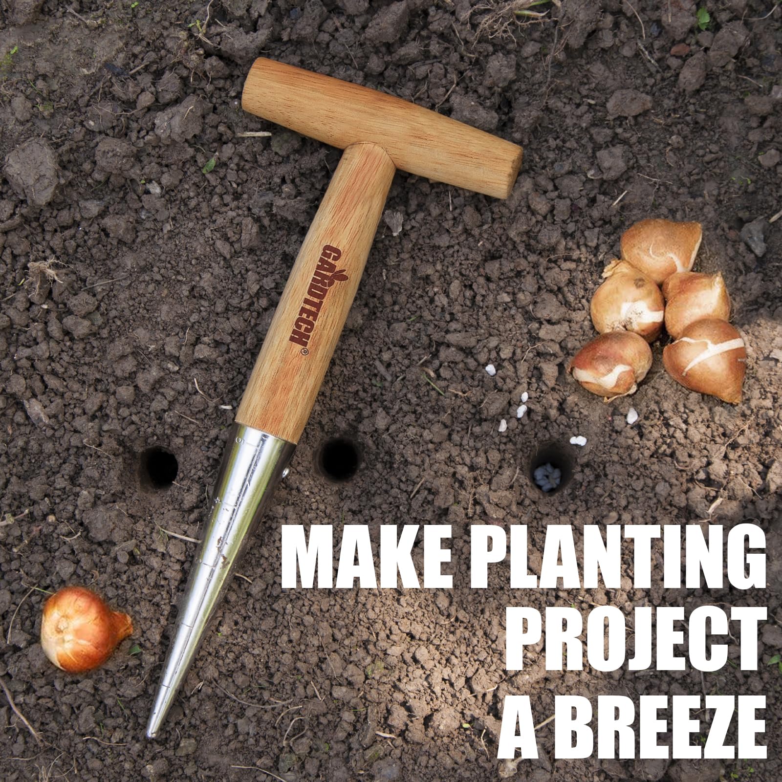 GARDTECH Flower Bulb Planting Set, 4 Pieces – Stainless Steel Dibber with Measurement, Fork & Seed Dispenser for Garden Seeds & Plants