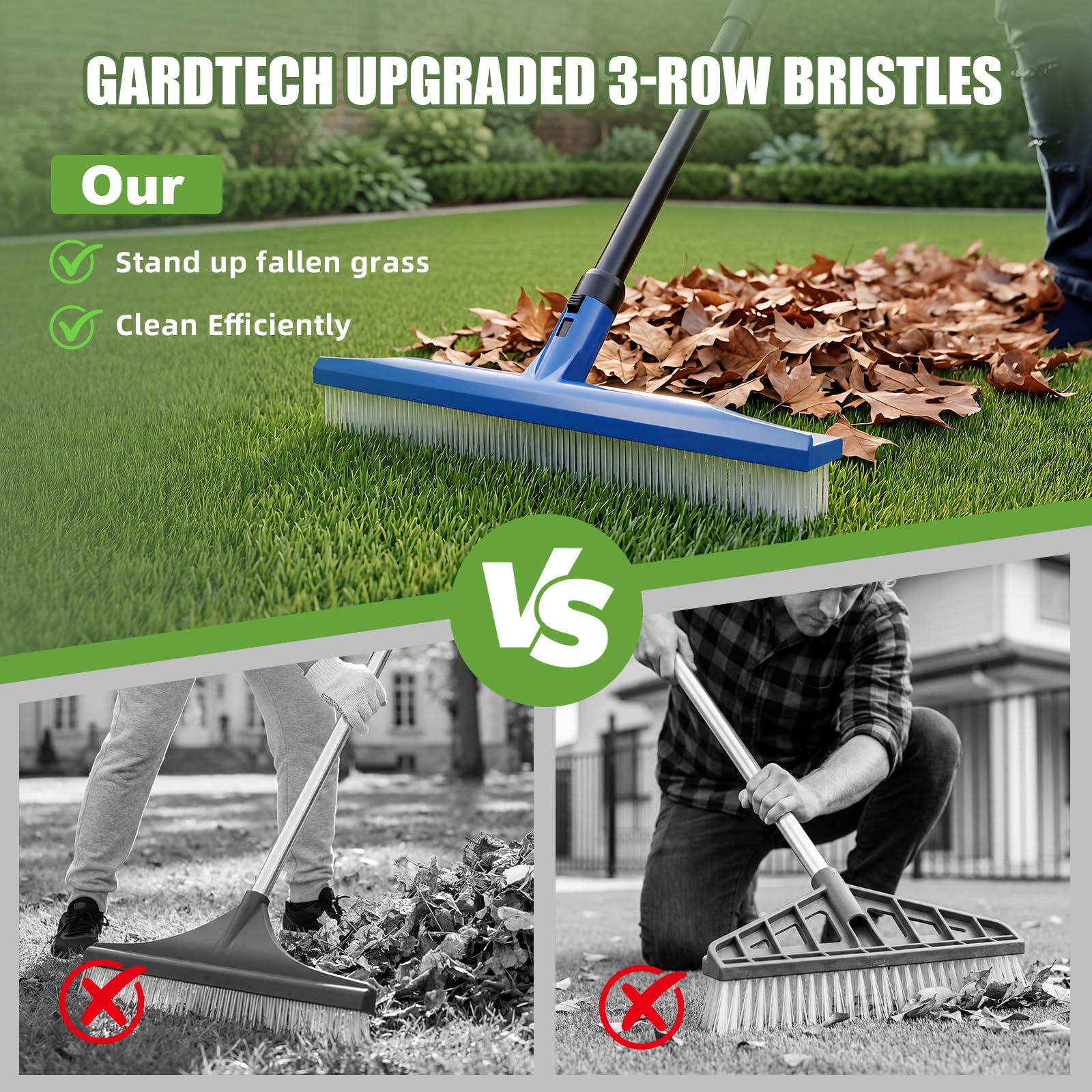GARDTECH 2-in-1 Artificial Turf Rake & Broom | 3-Row + 4-Row Heads, Quick-Change, 56" Steel Handle