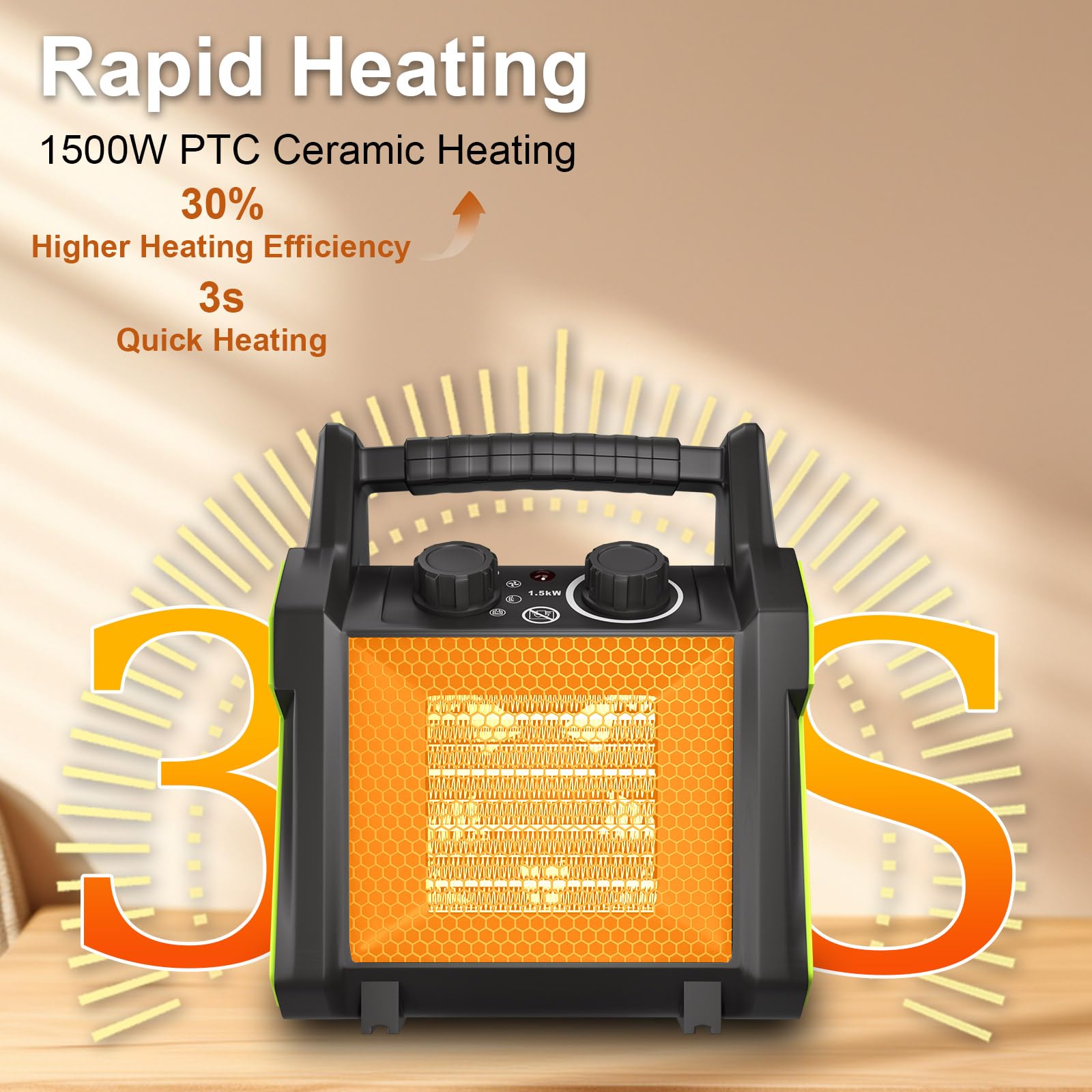 GARDTECH 1500W Outdoor Electric Heater – Fast Heat PTC Ceramic Space Heater with Overheat Protection, Portable for Patio, Garage, Workshop & Greenhouse