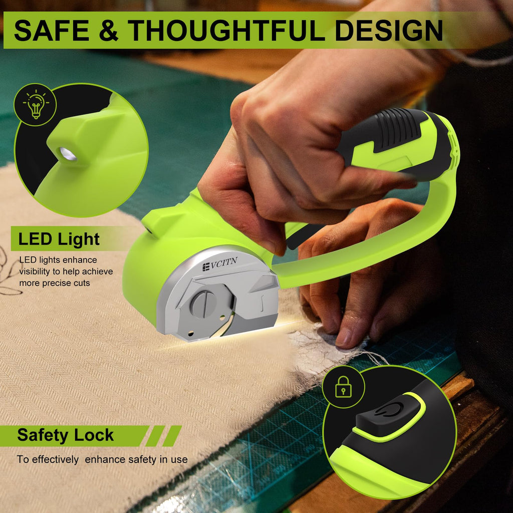 GARDTECH Cordless Electric Scissors 4V Rechargeable, Heavy Duty Rotary Cutter with LED for Cardboard, Fabric, Carpet & Crafts (Green)