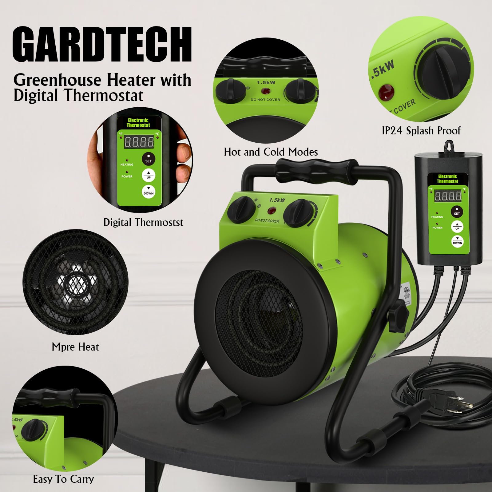 GARDTECH Greenhouse Heater with Digital Thermostat – 1500W Portable Outdoor Electric Heater with Overheat Protection, Strong Airflow, Fast Heating for Patio, Garage & Flower House