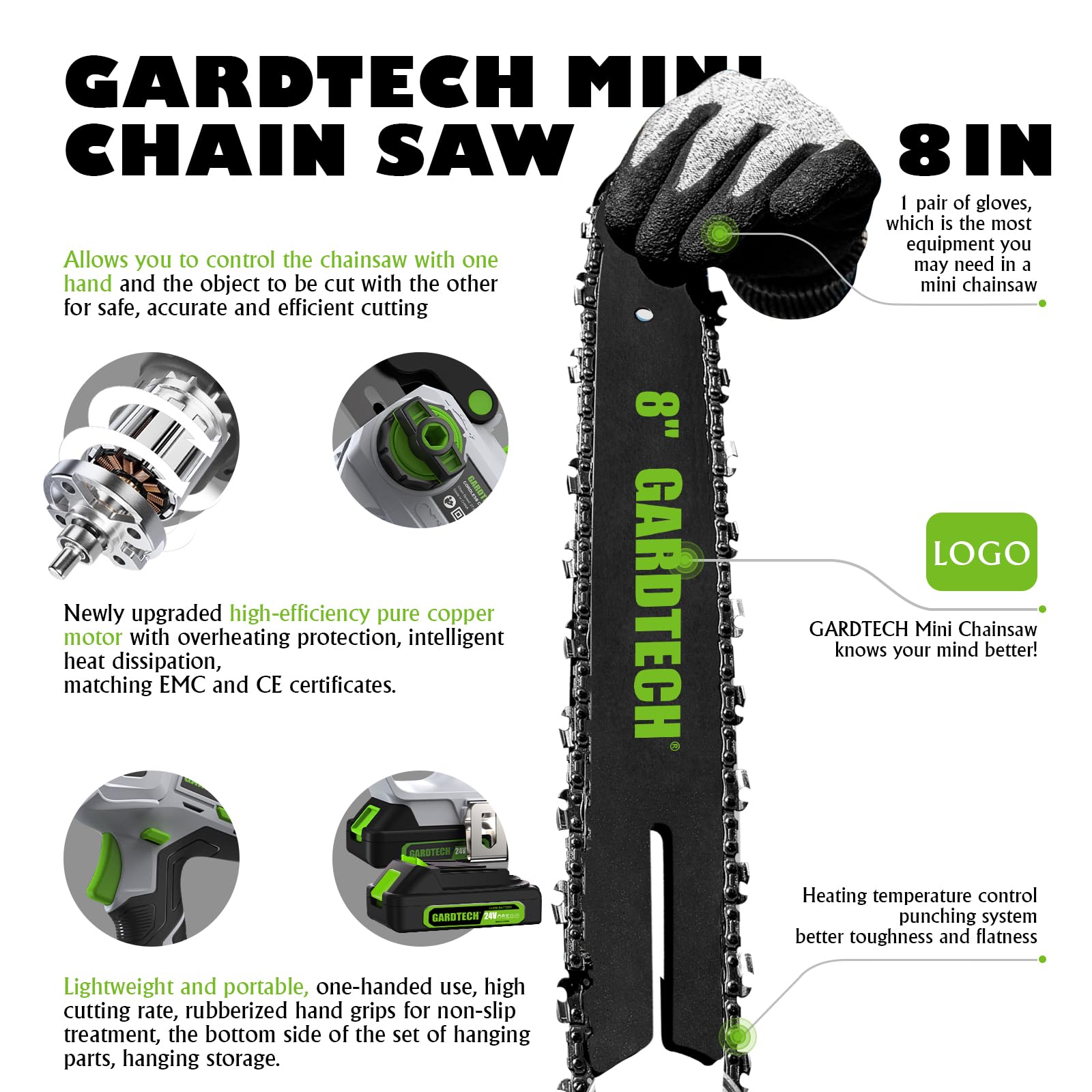 GARDTECH 8-Inch Mini Chainsaw Cordless, Portable Battery Powered Handheld Chain Saw with Dual Safety Lock for Wood Cutting & Pruning