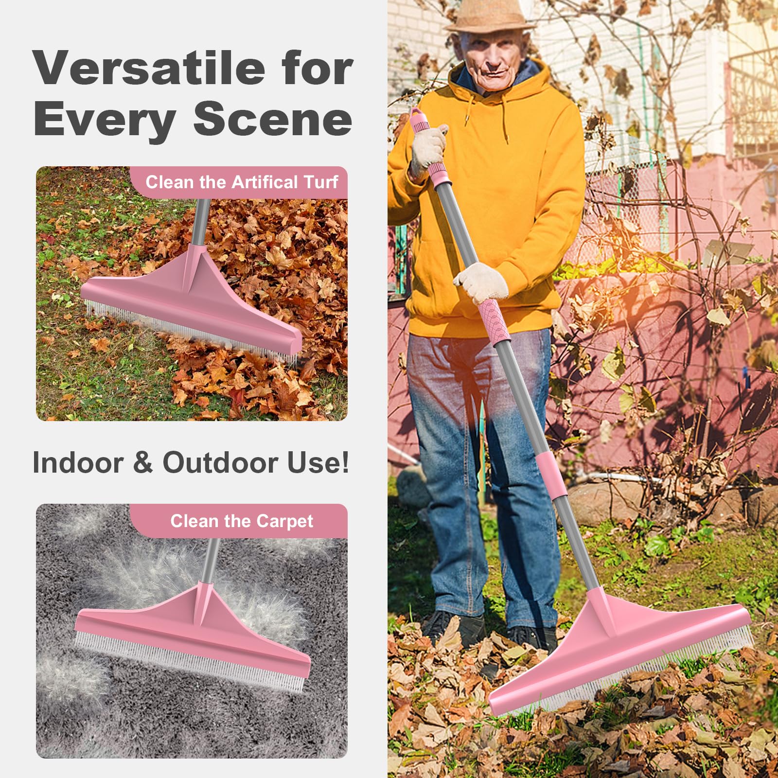 GARDTECH Artificial Turf Rake with Telescopic Steel Handle – 32-55 Inch Hand Rake for Artificial Grass, Carpet, Pet Hair & Leaves, 3-Piece Easy Storage, Pink