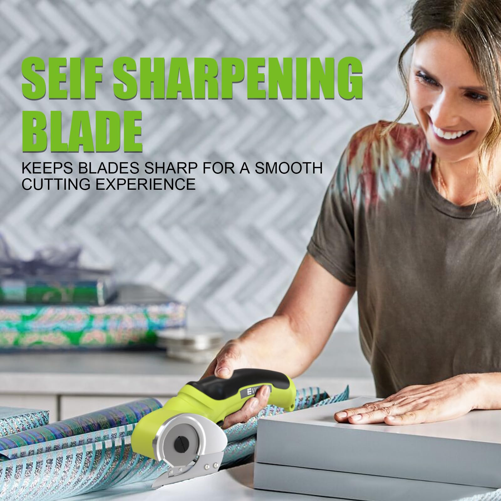 Evcitn Cordless Electric Scissors, Rechargeable Self-Sharpening Rotary Cutter for Cardboard, Fabric, Carpet, Leather & Plastic (Green)