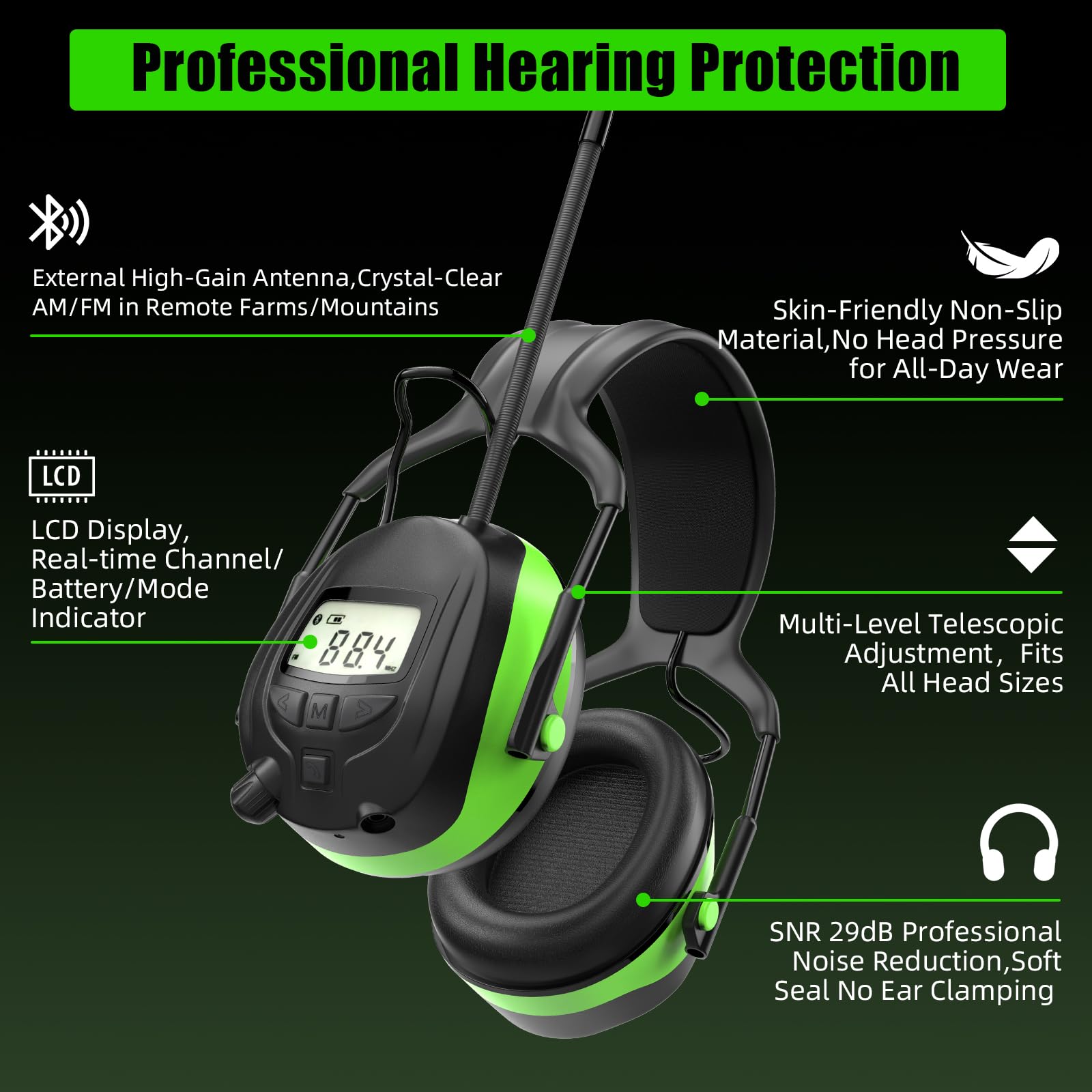 GARDTECH Bluetooth Hearing Protection Earmuffs | SNR 29dB, AM/FM Radio, 40-Hour Battery