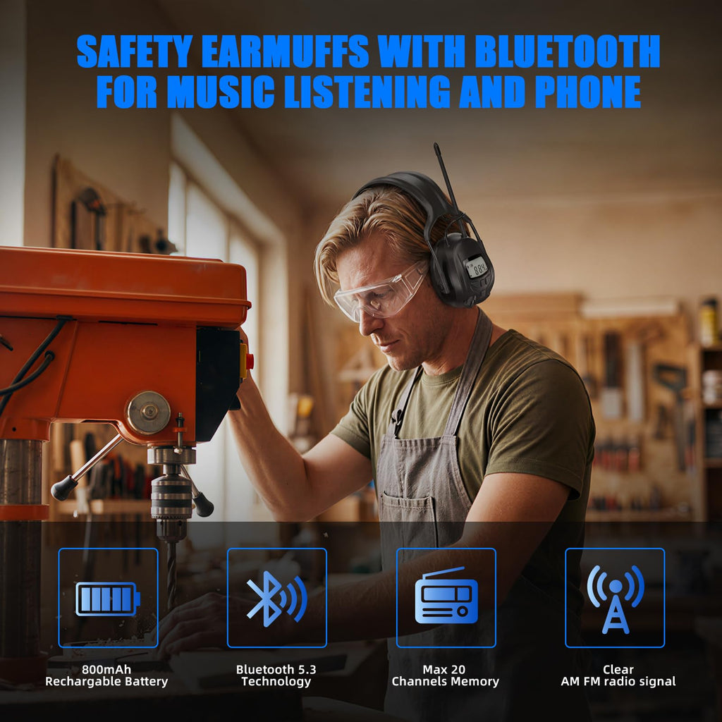 GARDTECH Bluetooth Hearing Protection Earmuffs | SNR 29dB, AM/FM Radio, 40-Hr Battery, Fits Over Glasses