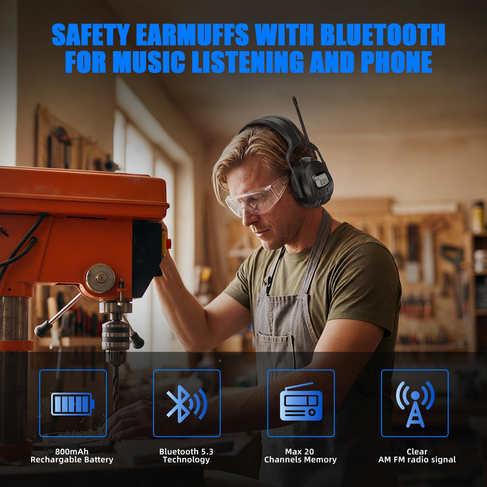 GARDTECH Bluetooth Hearing Protection Earmuffs | SNR 29dB, AM/FM Radio, 40-Hr Battery, Fits Over Glasses