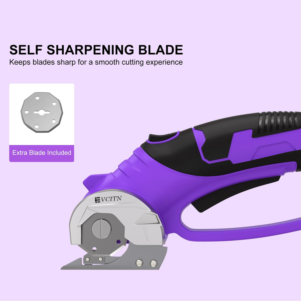 GARDTECH Cordless Electric Scissors 4V Rechargeable, Self-Sharpening Rotary Cutter with LED for Fabric, Carpet & Cardboard (Purple)