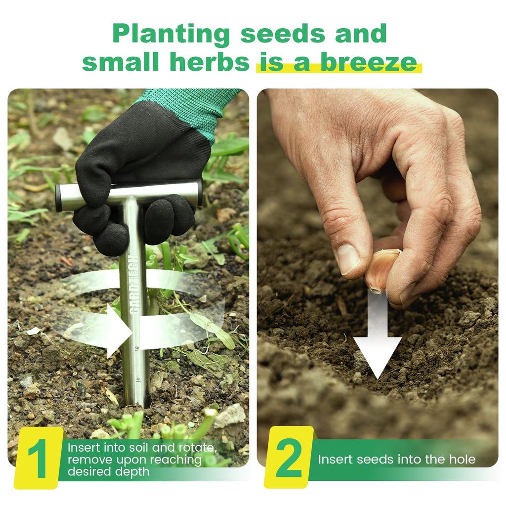 Gardtech Hand Dibber Garden Tool with 5 Inch Measuring Scale,Stainless Steel Bulb Planter Tool,Seed Dibber for Planting & Sowing Seed