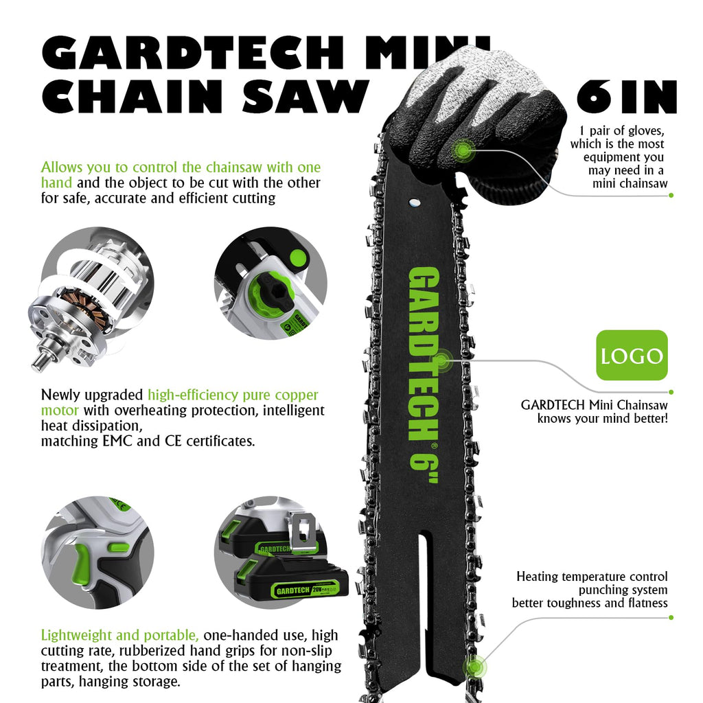 GARDTECH 6-Inch Cordless Mini Chainsaw – Lightweight Handheld Chain Saw for Pruning & Wood Cutting