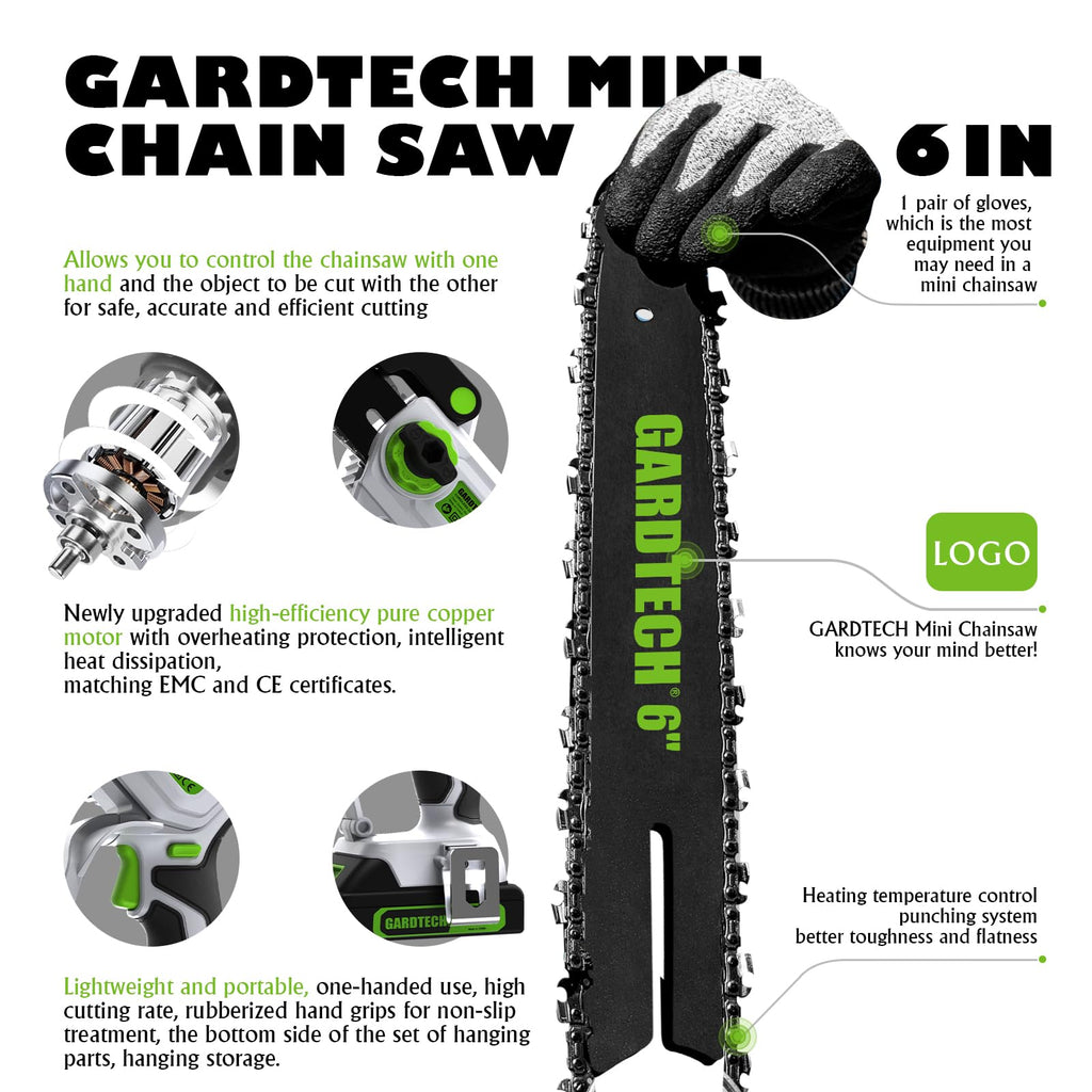 GARDTECH 6" Mini Cordless Chainsaw – Handheld Electric Saw with Dual Safety Lock, Left-Hand Friendly, Wood Cutting & Branch Pruning