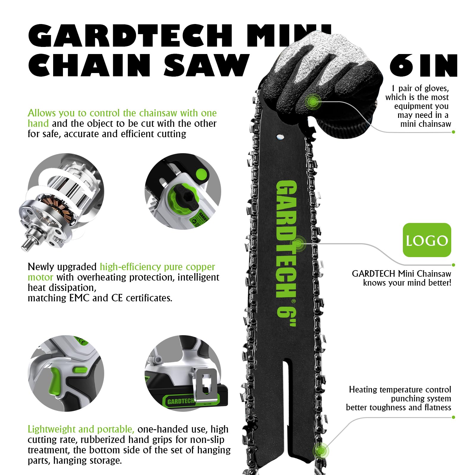 GARDTECH 6" Mini Cordless Chainsaw – Handheld Electric Saw with Dual Safety Lock, Left-Hand Friendly, Wood Cutting & Branch Pruning