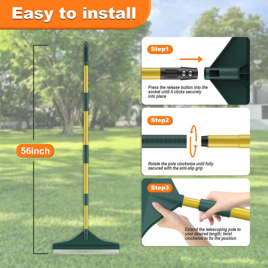 GARDTECH Artificial Grass Rake with Telescopic Steel Handle – 32-55 Inch Hand Rake for Lawn, Carpet, Pet Hair, Leaves & Debris, 3-Piece Easy Storage, Yellow