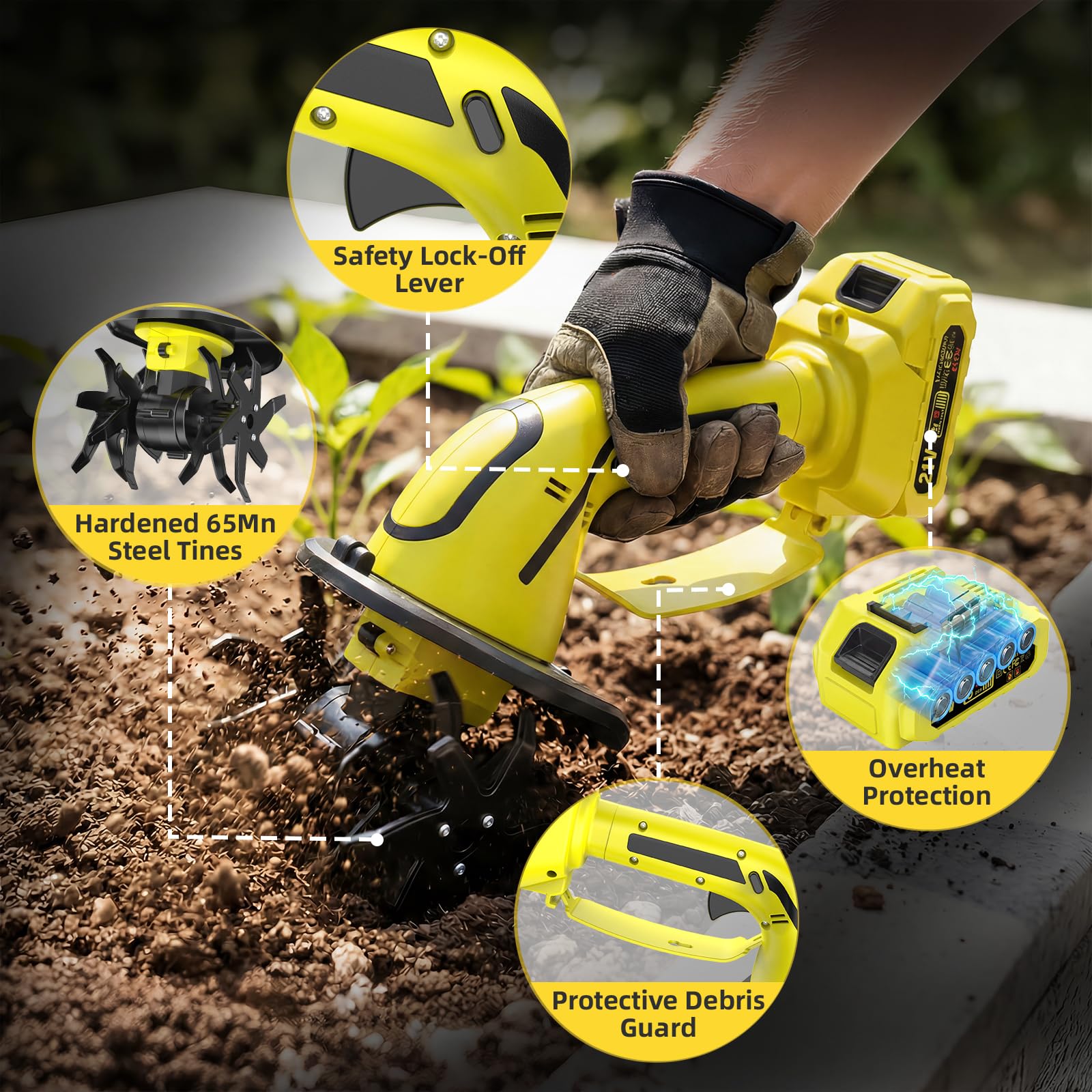 GARDTECH 21V Cordless Tiller Cultivator | 235RPM Electric Hand Tiller with 2.0Ah Battery