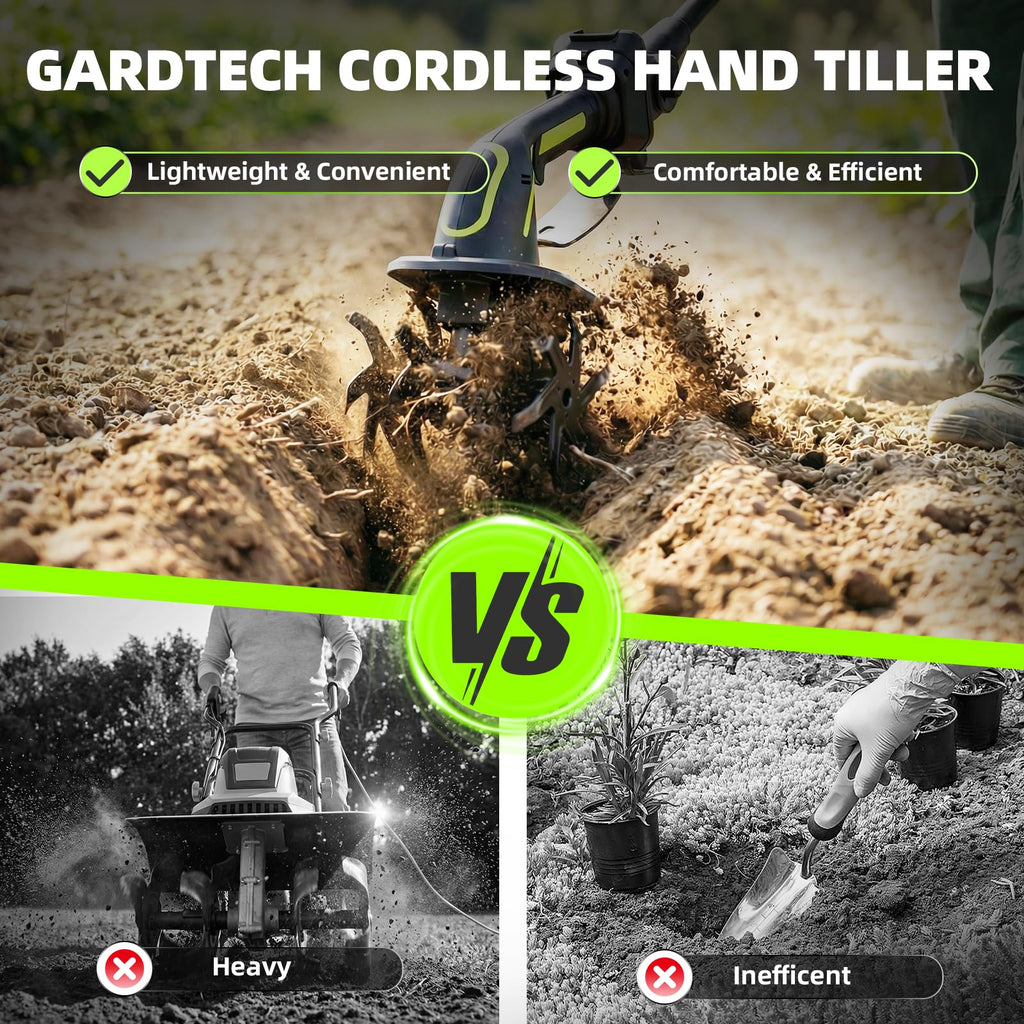 GARDTECH 2-in-1 Cordless Tiller Cultivator | 235RPM, 4" Tilling Depth, 120-Min Runtime, 2×2.0Ah Batteries