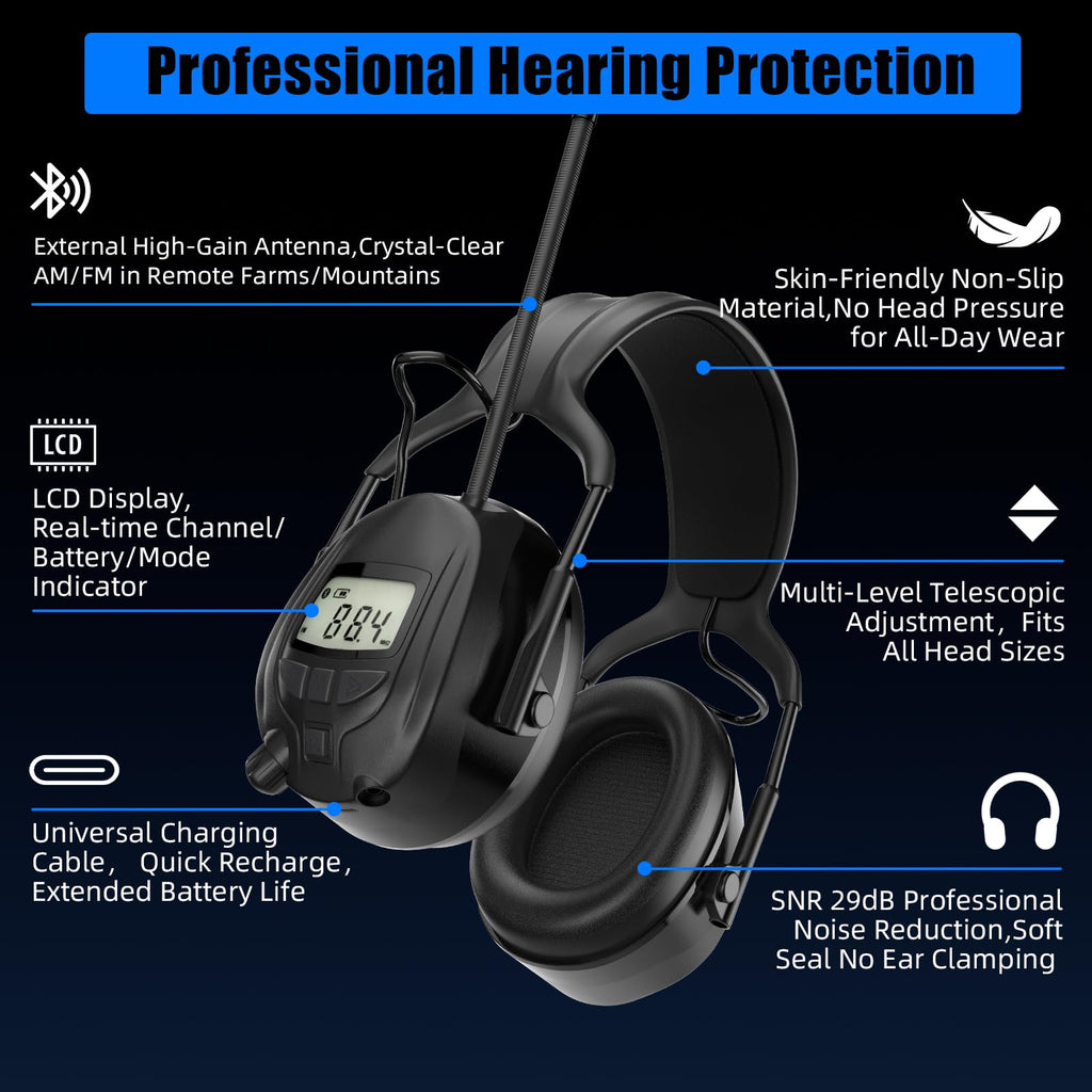 GARDTECH Bluetooth Hearing Protection Earmuffs | SNR 29dB, AM/FM Radio, 40-Hr Battery, Fits Over Glasses