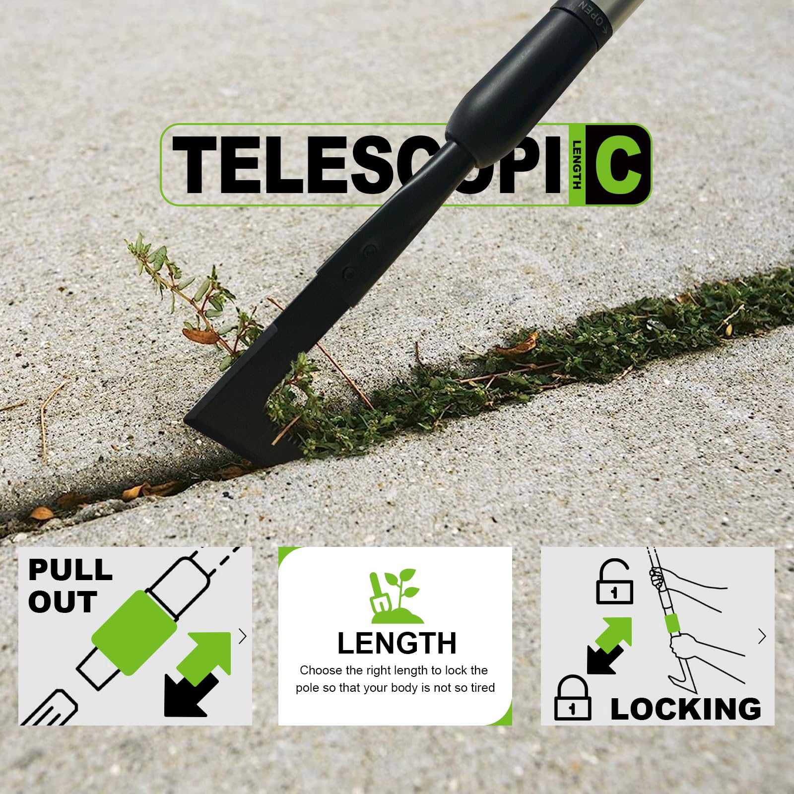 Evcitn Adjustable Crack Weeder with Long Handle – Serrated L-Shaped Blade for Weeds, Roots & Moss Between Driveway and Sidewalk Cracks