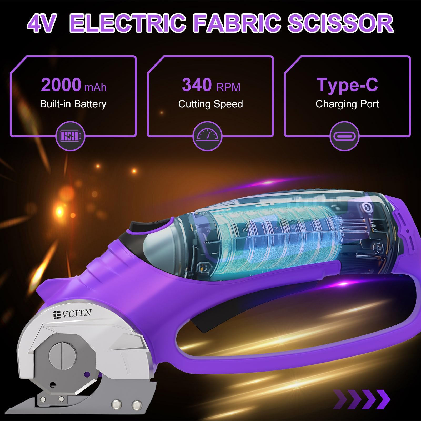 GARDTECH Cordless Electric Scissors 4V Rechargeable, Self-Sharpening Rotary Cutter with LED for Fabric, Carpet & Cardboard (Purple)