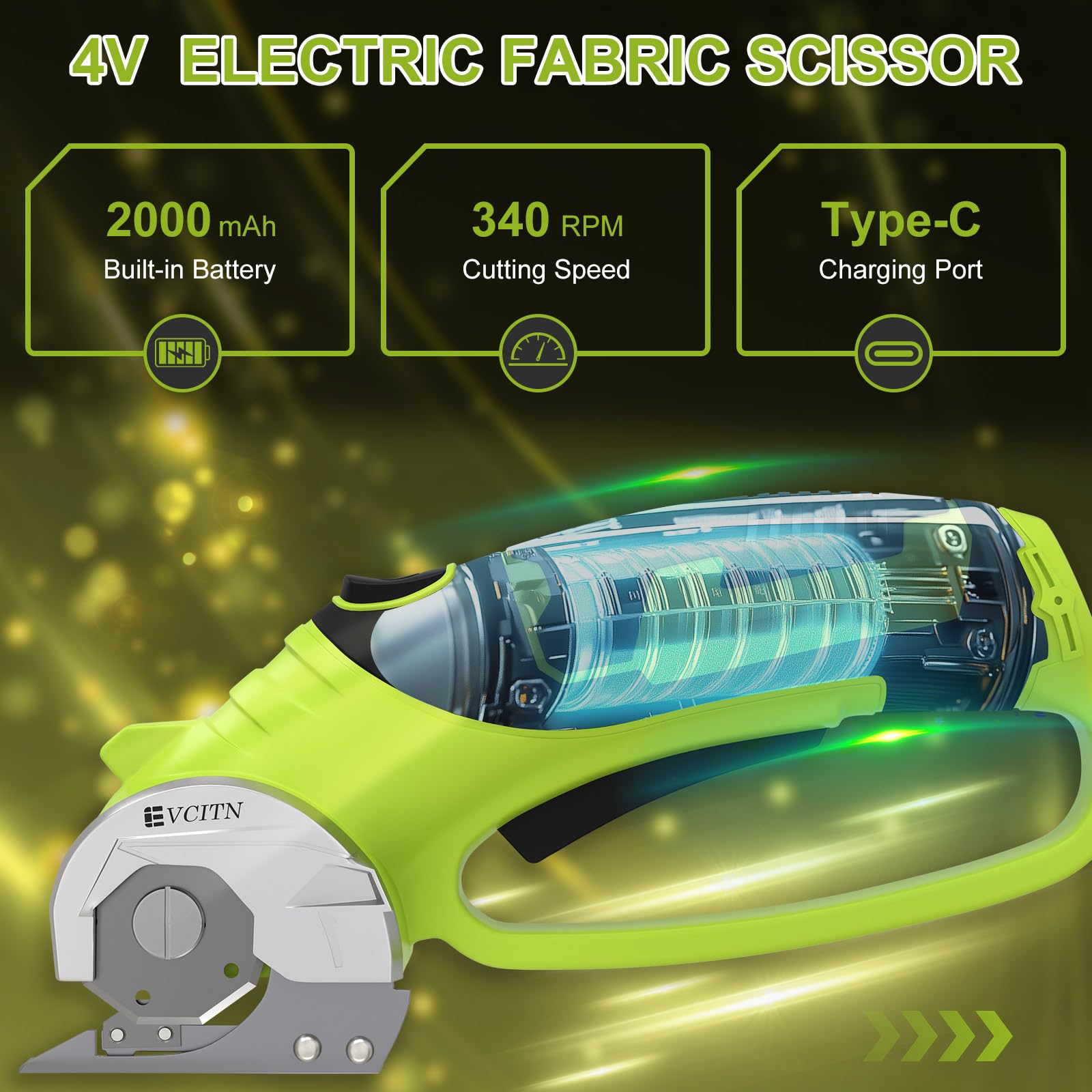 GARDTECH Cordless Electric Scissors 4V Rechargeable, Heavy Duty Rotary Cutter with LED for Cardboard, Fabric, Carpet & Crafts (Green)