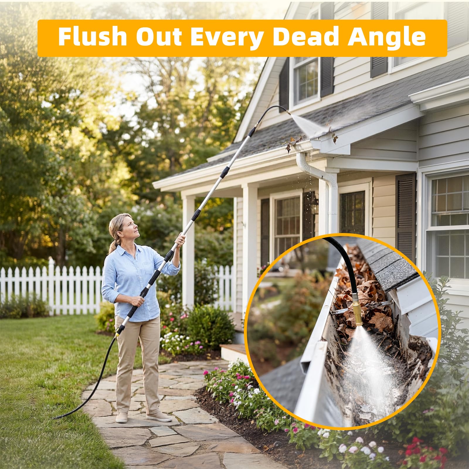 Evcitn Telescoping Gutter Cleaner Tool with 360° Rotating Wand & 3/4" Brass Shut-Off Valve | Extendable 4–20FT, Fits Standard Garden Hose