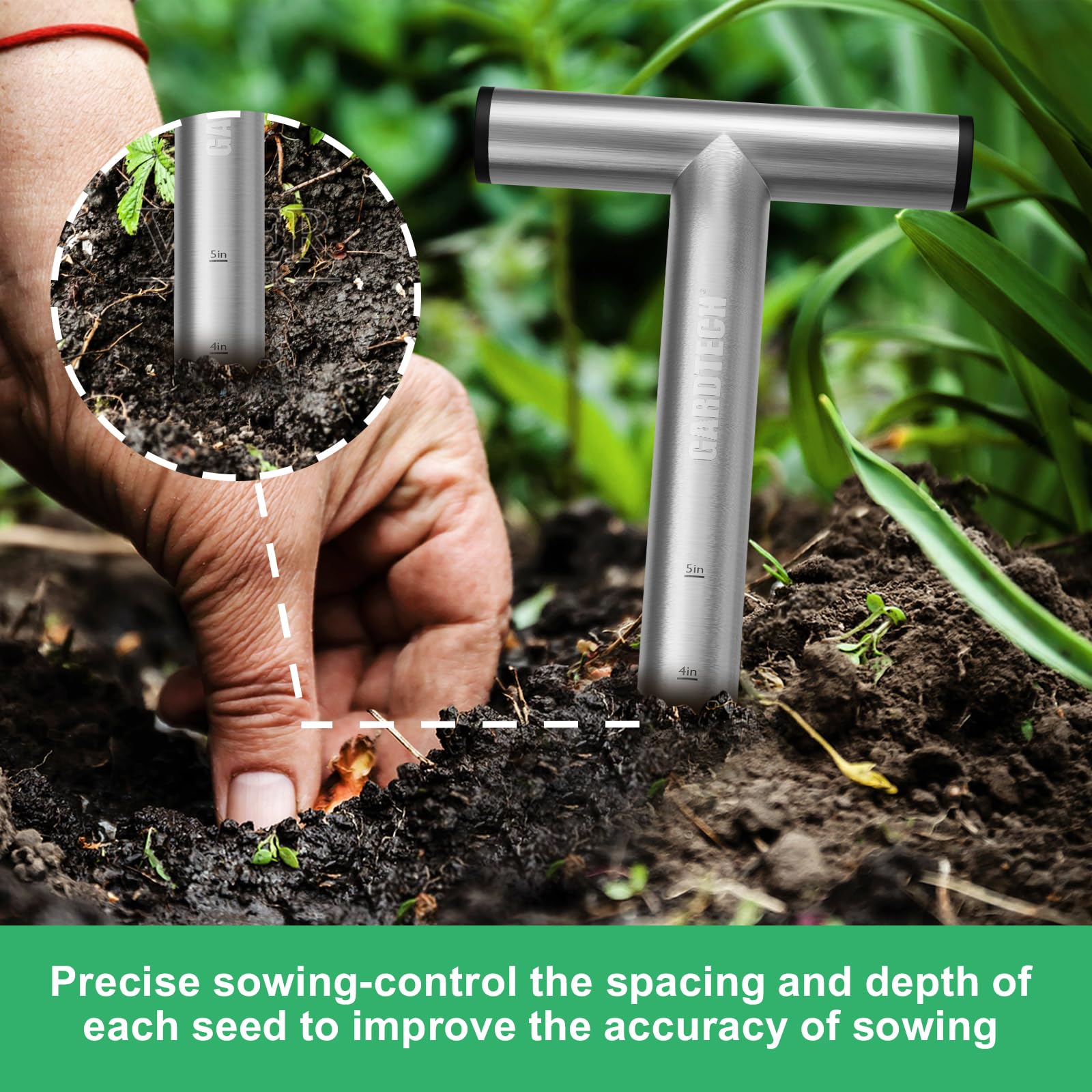 Gardtech Hand Dibber Garden Tool with 5 Inch Measuring Scale,Stainless Steel Bulb Planter Tool,Seed Dibber for Planting & Sowing Seed