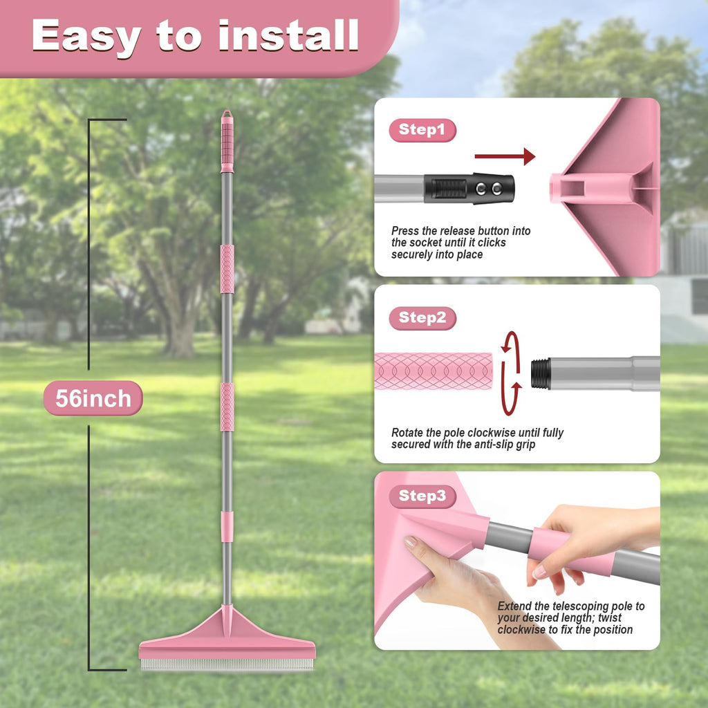 GARDTECH Artificial Turf Rake with Telescopic Steel Handle – 32-55 Inch Hand Rake for Artificial Grass, Carpet, Pet Hair & Leaves, 3-Piece Easy Storage, Pink