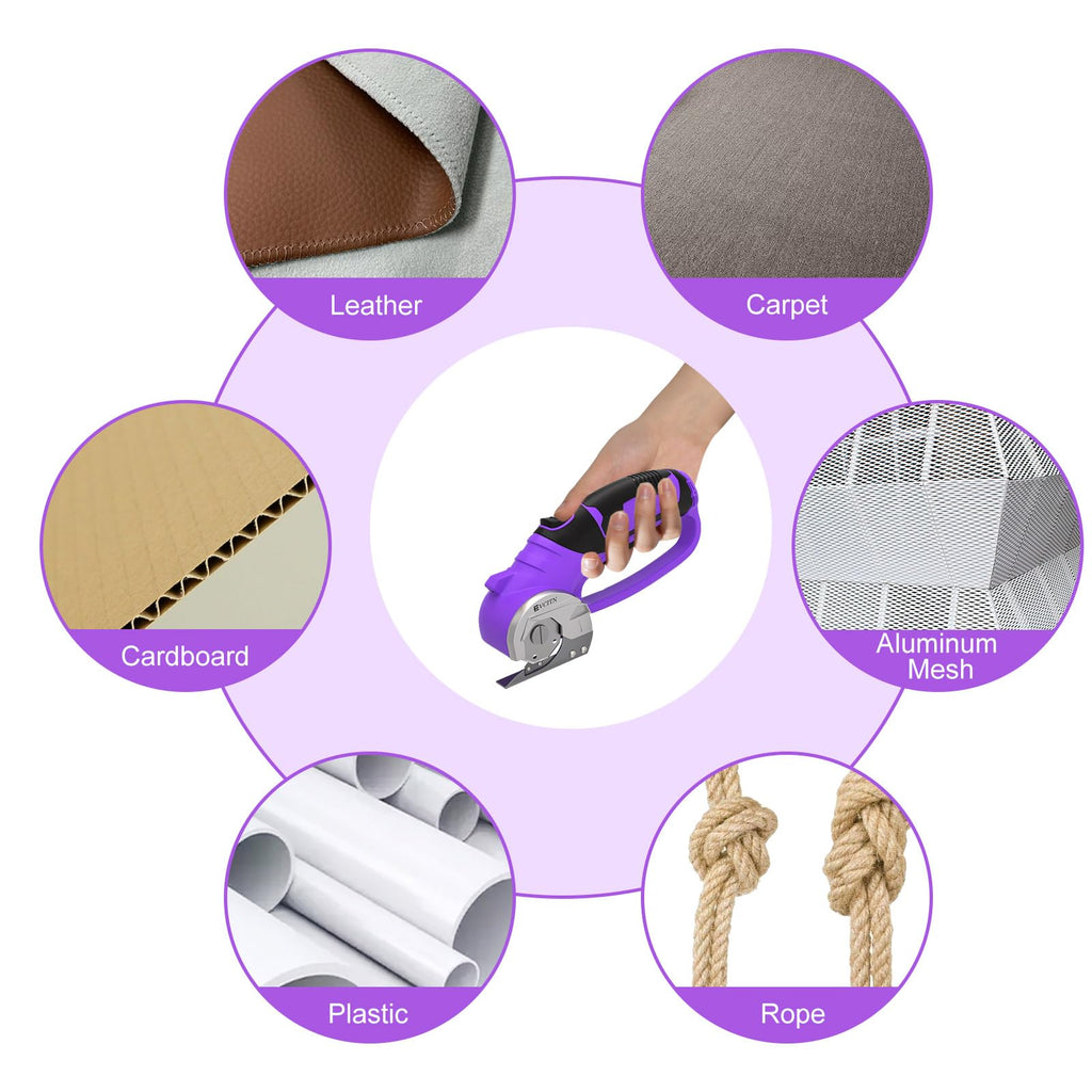 GARDTECH Cordless Electric Scissors 4V Rechargeable, Self-Sharpening Rotary Cutter with LED for Fabric, Carpet & Cardboard (Purple)